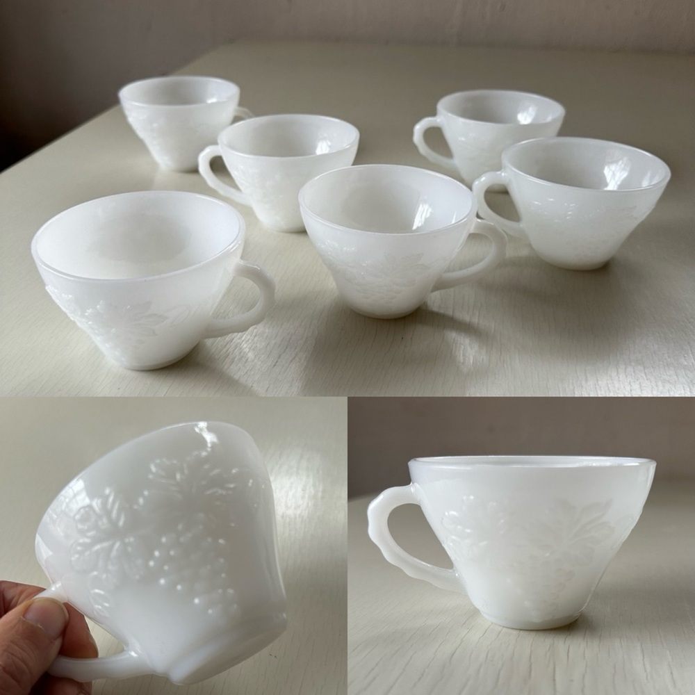 Anchor Hocking Vintage Milk Glass White Opaque Grapevine Cups Set of 6